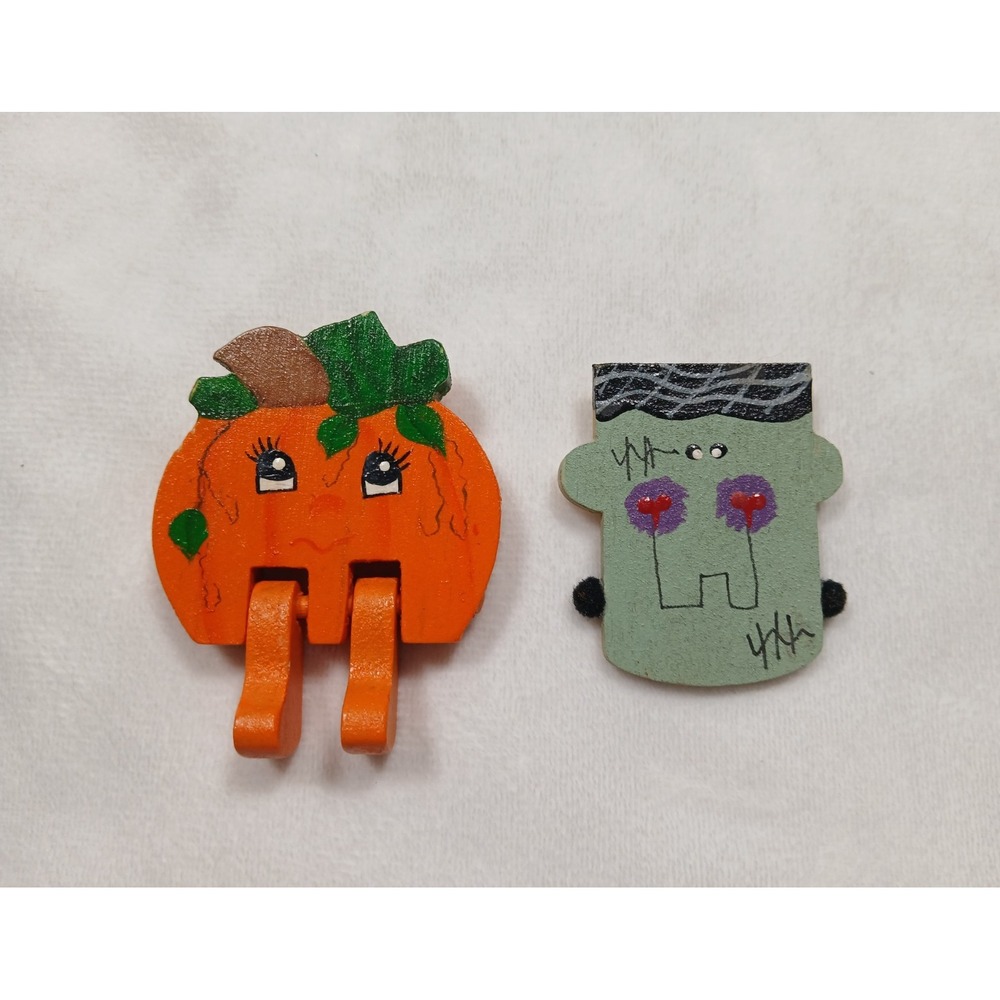 Two Vintage Wooden Halloween Pumpkin/ Monster Brooch Painted Signed Folk Art